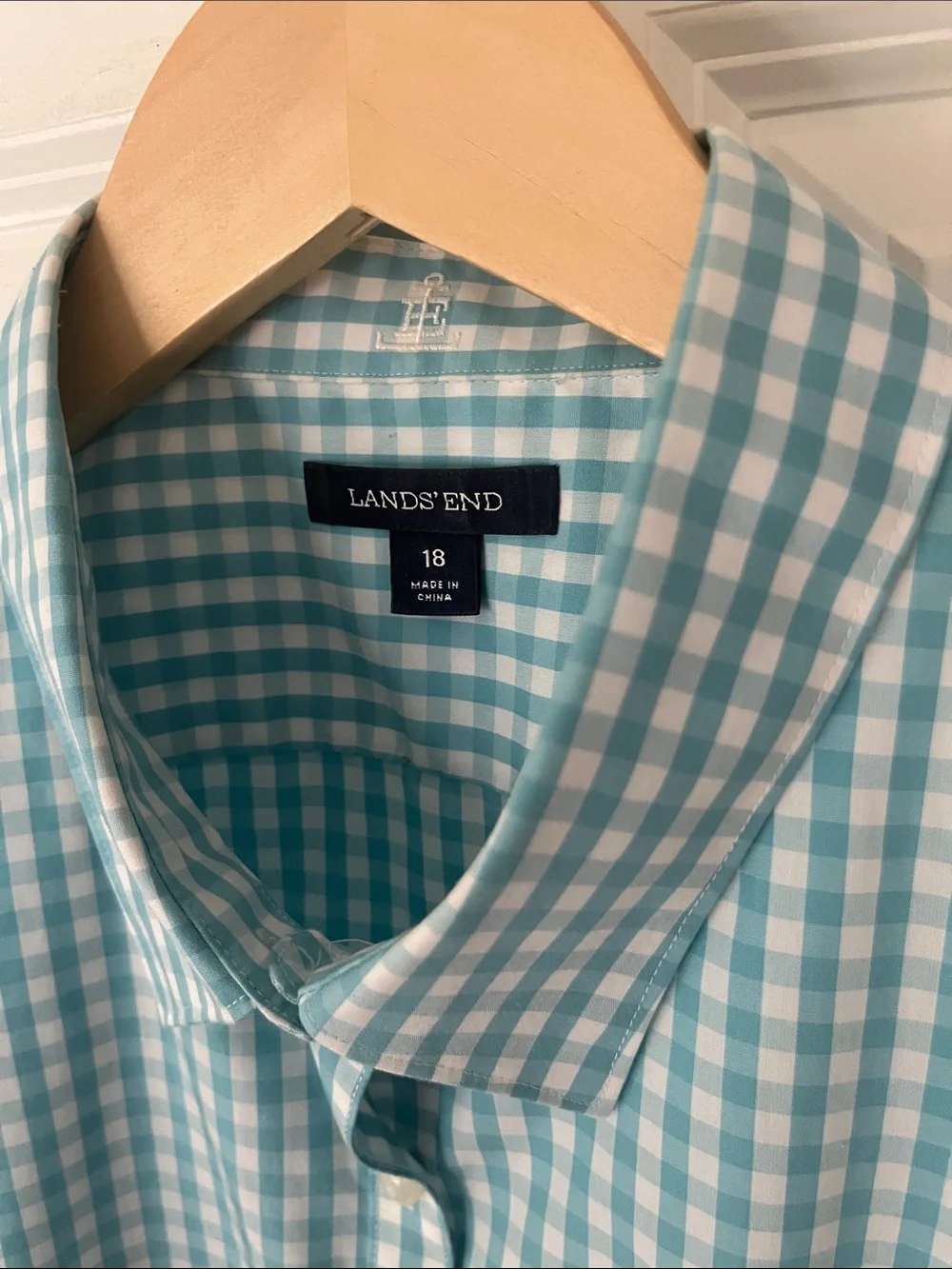 Boys LANDS END turquoise gingham plaid button down sz 18 EUC